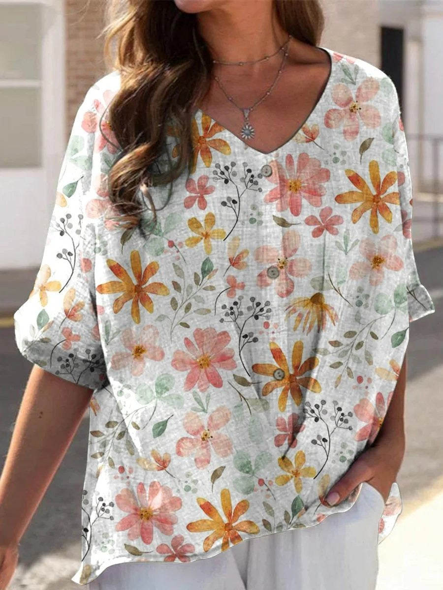 Women's Vintage Floral Art Print Casual Linen V-neck Shirt