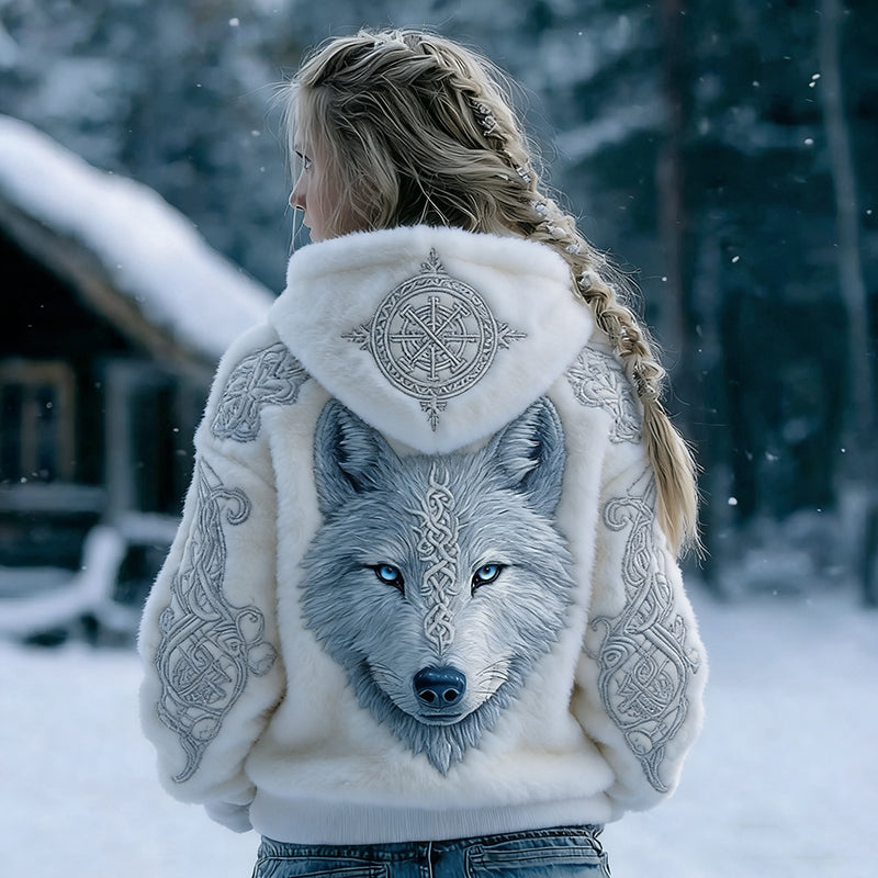 Comstylish Women's Retro Viking Tribal Wolf Art Pattern Flannel Hoodie