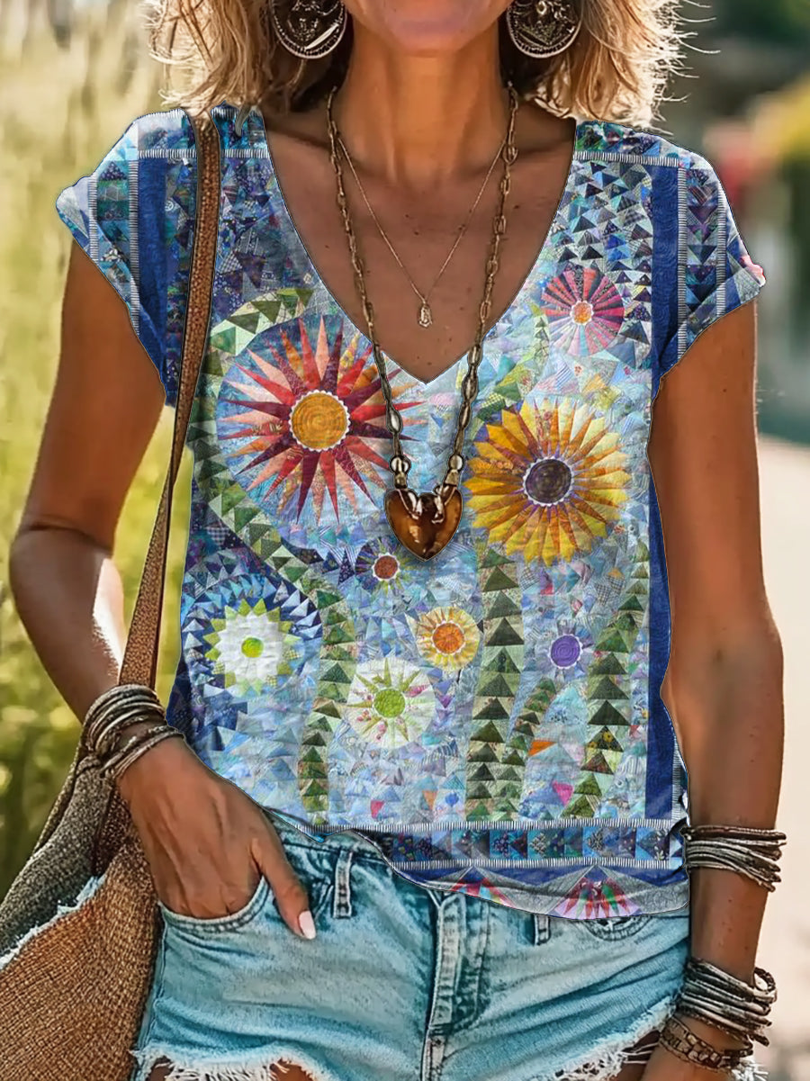 Vintage Floral Art Print 100%Cotton V-neck T-Shirt