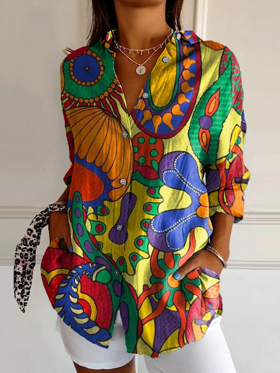 Women's Hippie Art Floral Print Long Sleeve Shirt