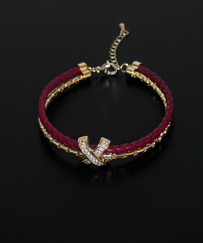 Red Leather Copper Alloy Zircon Bracelet