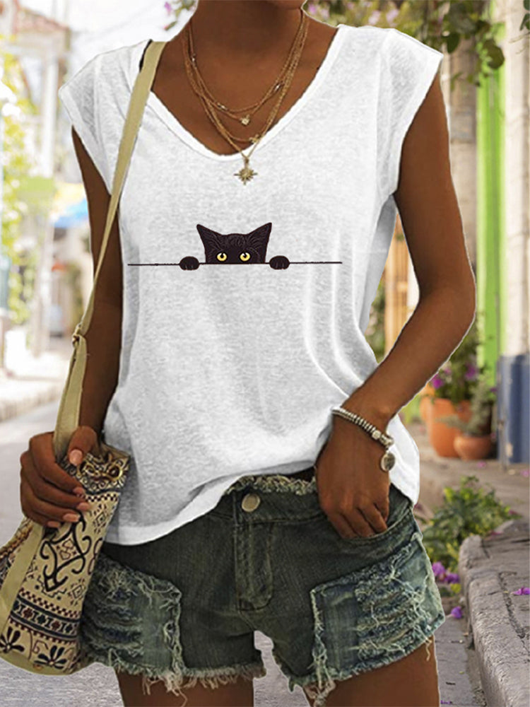 Women's Casual Black Cat Print Vest elevenforest