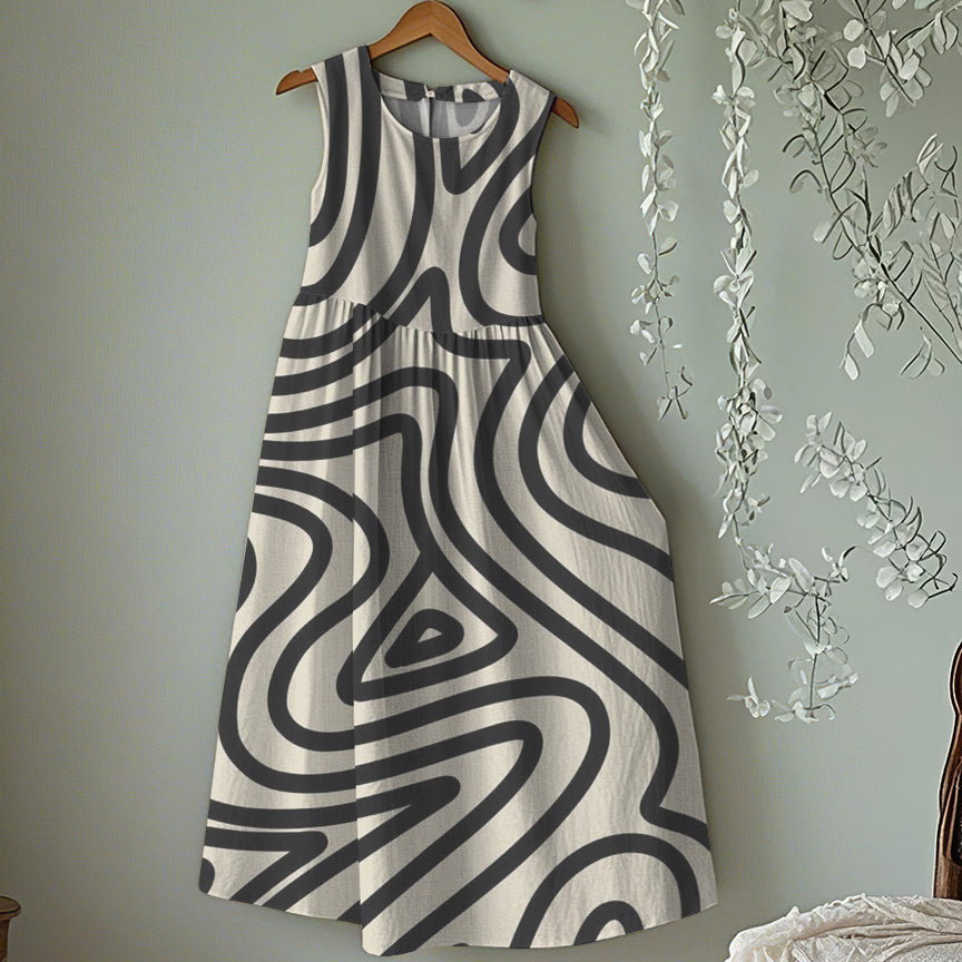 Vintage Stripe Art Linen Tank Midi Dress artswardrobe