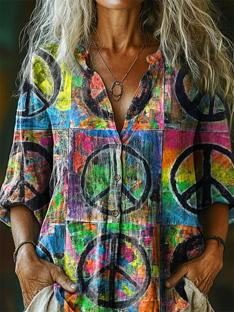 Women's Hippie Art Print Casual Cotton And Linen Shirt