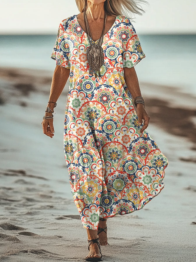 Women's Art Painting Hippie Retro Print V-Neck Short Sleeve Dress