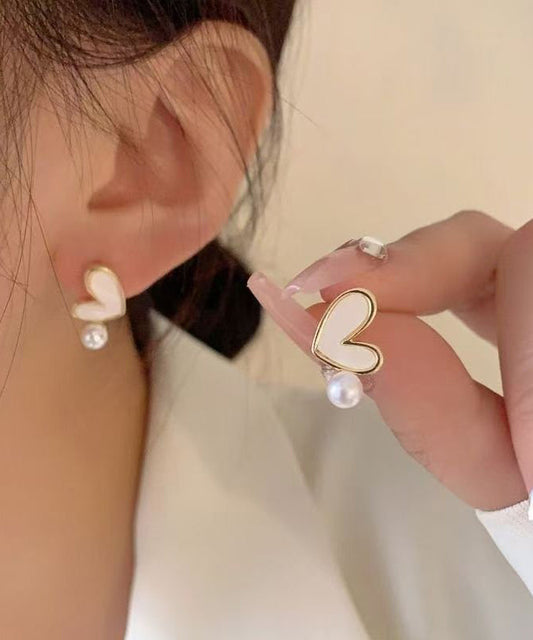 Art White Sterling Silver Overgild Zircon Pearl Love Stud Earrings