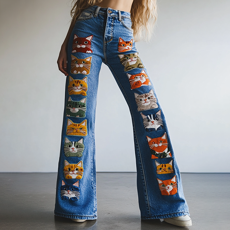 Women's Pop Art Cute Cat Design Jeans elevenforest