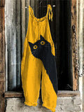 Funny Cat Print Linen Blend Casual Jumpsuit elevenforest