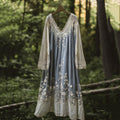 Vintage Floral Embroidered Pattern Linen Contrast Color Maxi Dress artswardrobe