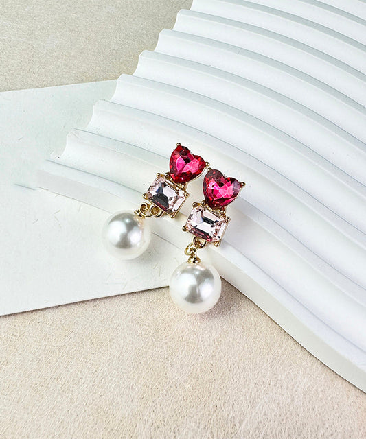 Red Sterling Silver Alloy Love Crystal Zircon Pearldrop Earrings