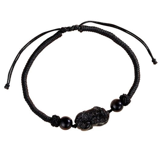 Buddha Stones Handmade Natural Silver Sheen Obsidian Strawberry Quartz Pixiu Protection Braided Bracelet