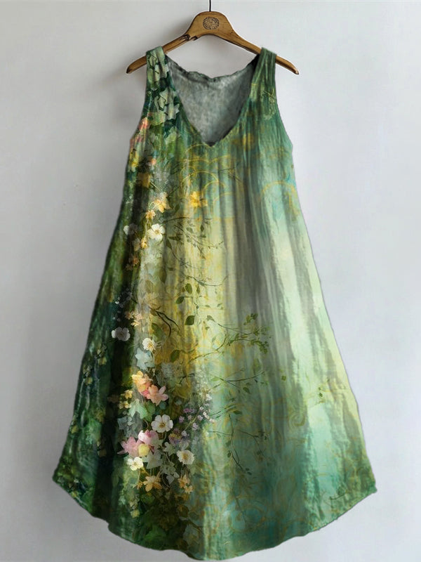 Women's Floral Art Print V-Neck Pocket Cotton Dress