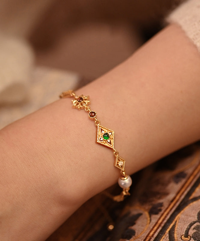 Geometric Pearl Gem Stone Adjustable Gold Plated Bracelet