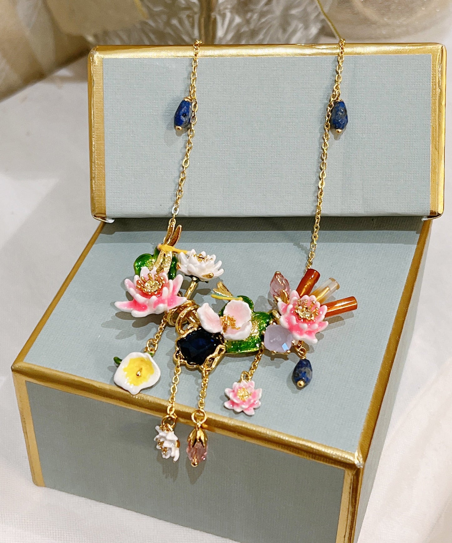 Gold Sterling Silver Overgild Dragonfly Gem Stone Lotus Leaf Pendant Necklace