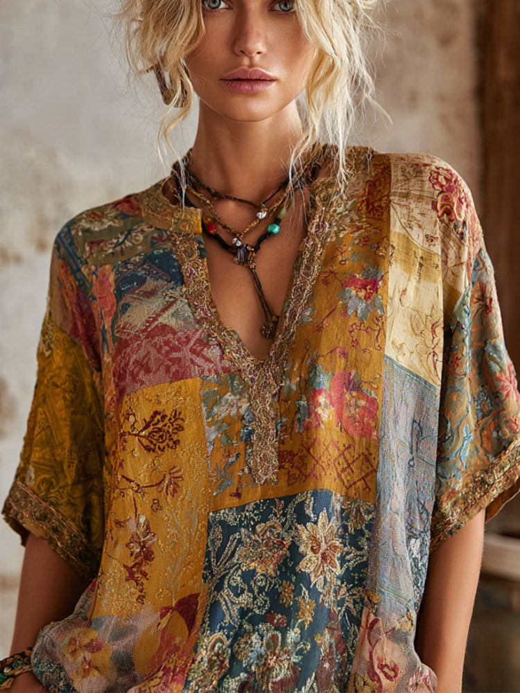 Bohemian Style Bright Yellow Patchwork Floral Vintage Tie-dye V-neck Short-sleeved Shirt artswardrobe