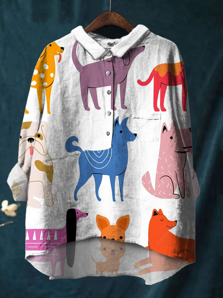 Cute puppy Print Cotton And Linen Shirt