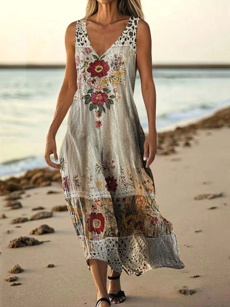 Women's Floral Art Print Pocket Cotton Dresses