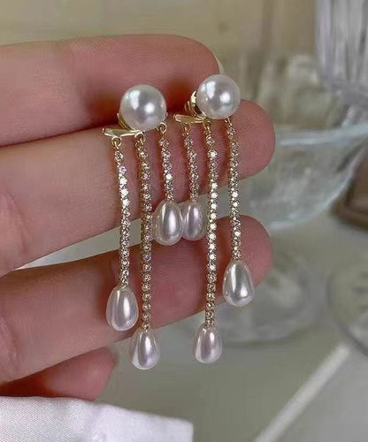 Gold Sterling Silver Overgild Zircon Pearl Tassel Drop Earrings