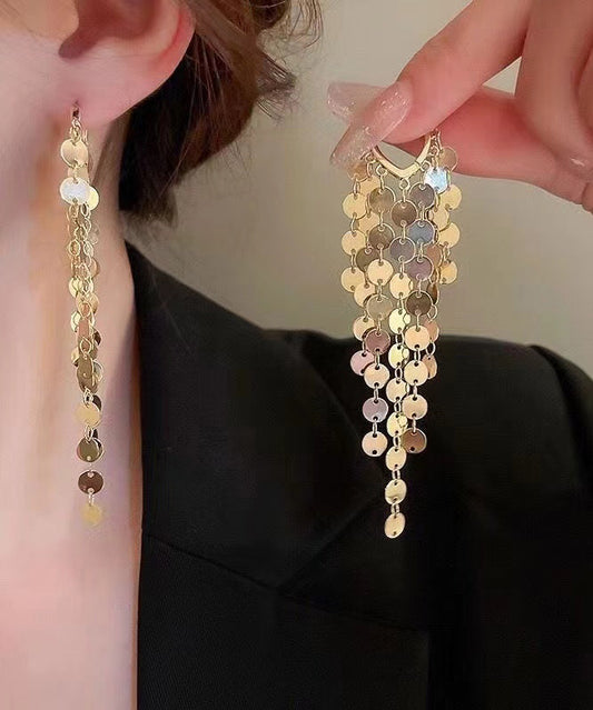Gold Metal Sequins Tassel Drop Earrings