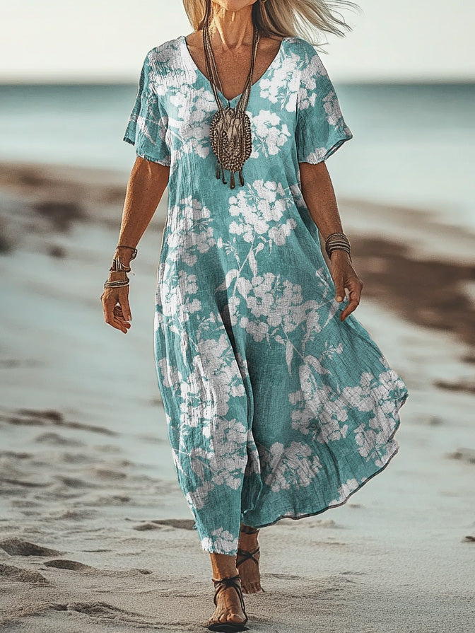 Women's Art Floral Hippie Vintage Print V Neck Dress