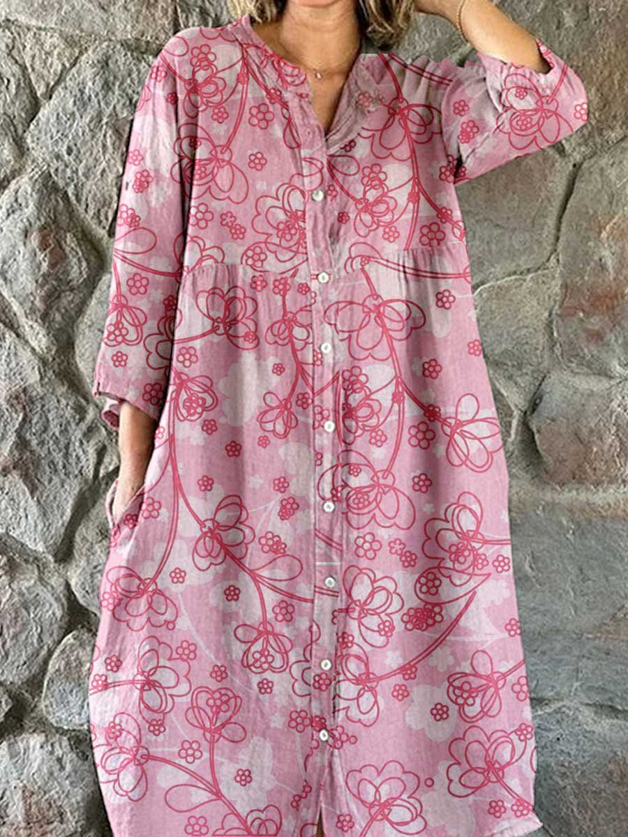 Women's Elegant Floral Pattern Shirt Style Cotton and Linen Dress