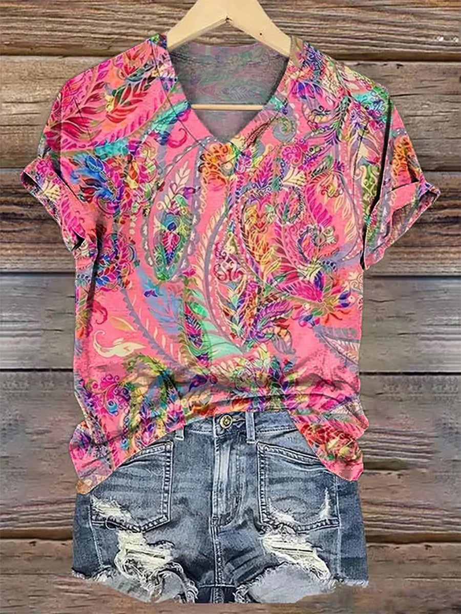 Women's Vintage Ethnic Floral Art Print V-Neck Casual T-Shirt