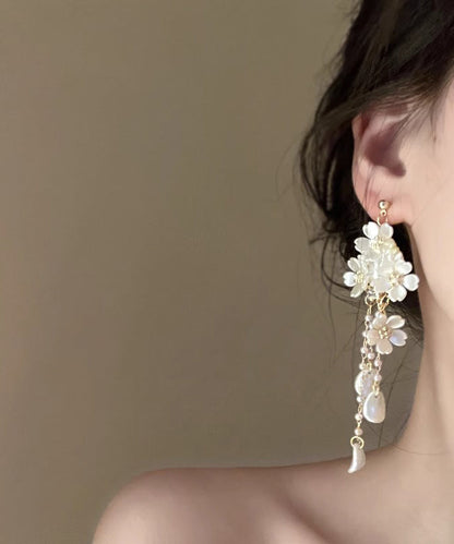 White Copper Overgild Pearl Tassel Drop Earrings
