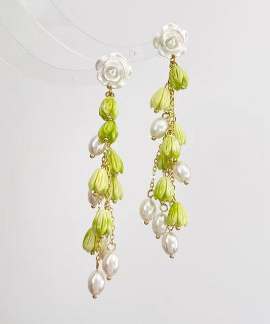 Green Sterling Silver Alloy Pearl Lily of the Valley Tassel Drop Earrings
