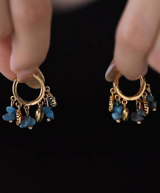 Blue Copper Overgild Asymmetrical Natural Stone Hoop Earrings