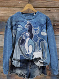 Lovely Cats Denim Patchwork Comfy Sweatshirt elevenforest