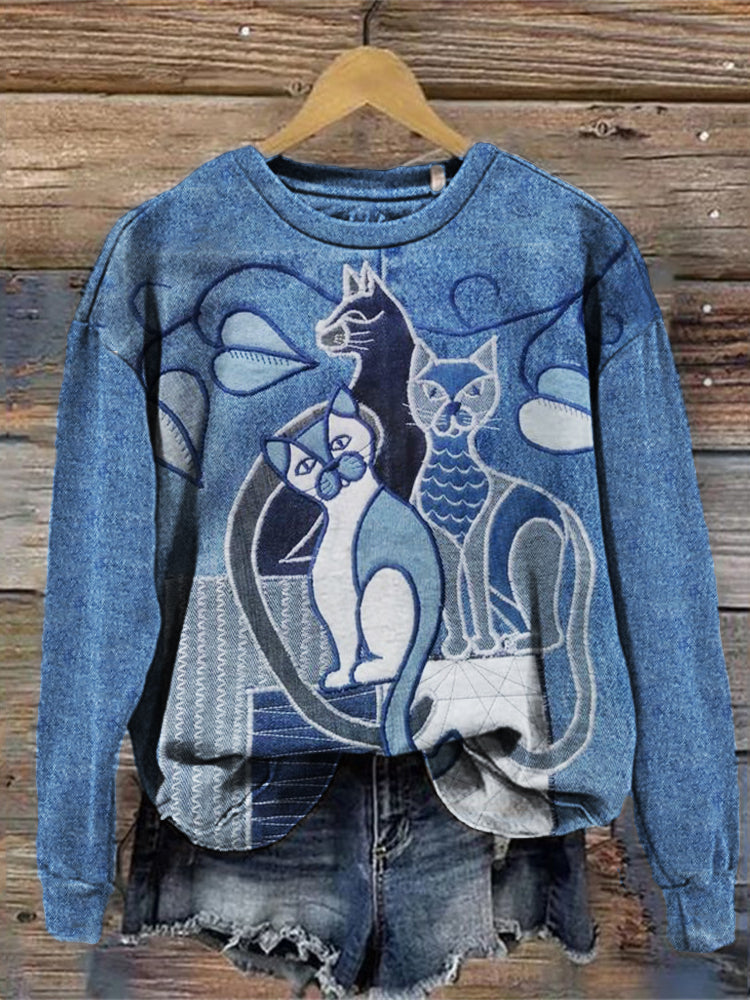 Lovely Cats Denim Patchwork Comfy Sweatshirt elevenforest