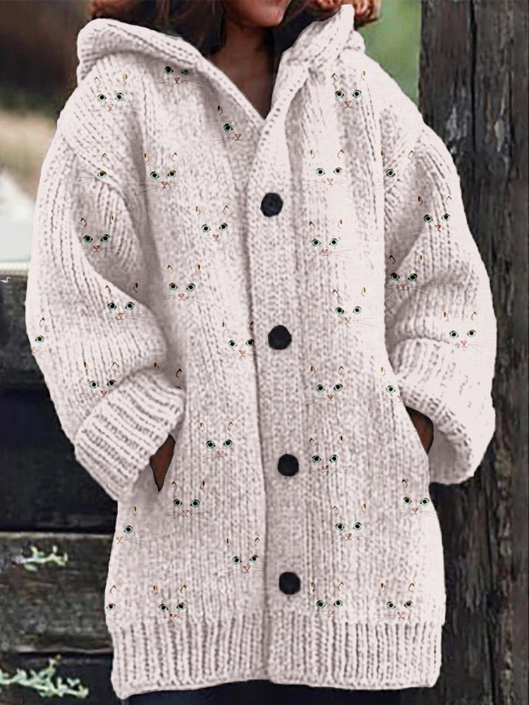 Cute Cat Face Pattern Cozy Hooded Knit Cardigan elevenforest