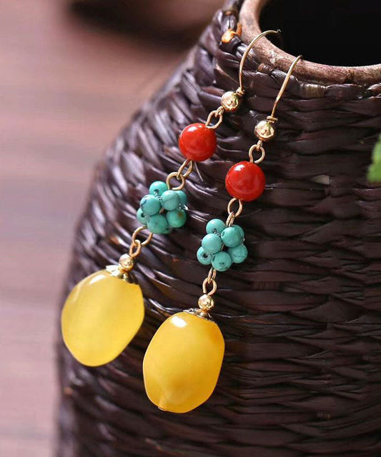 Multi 14k Gold Turquoise Agate Amber Honey Wax Drop Earrings