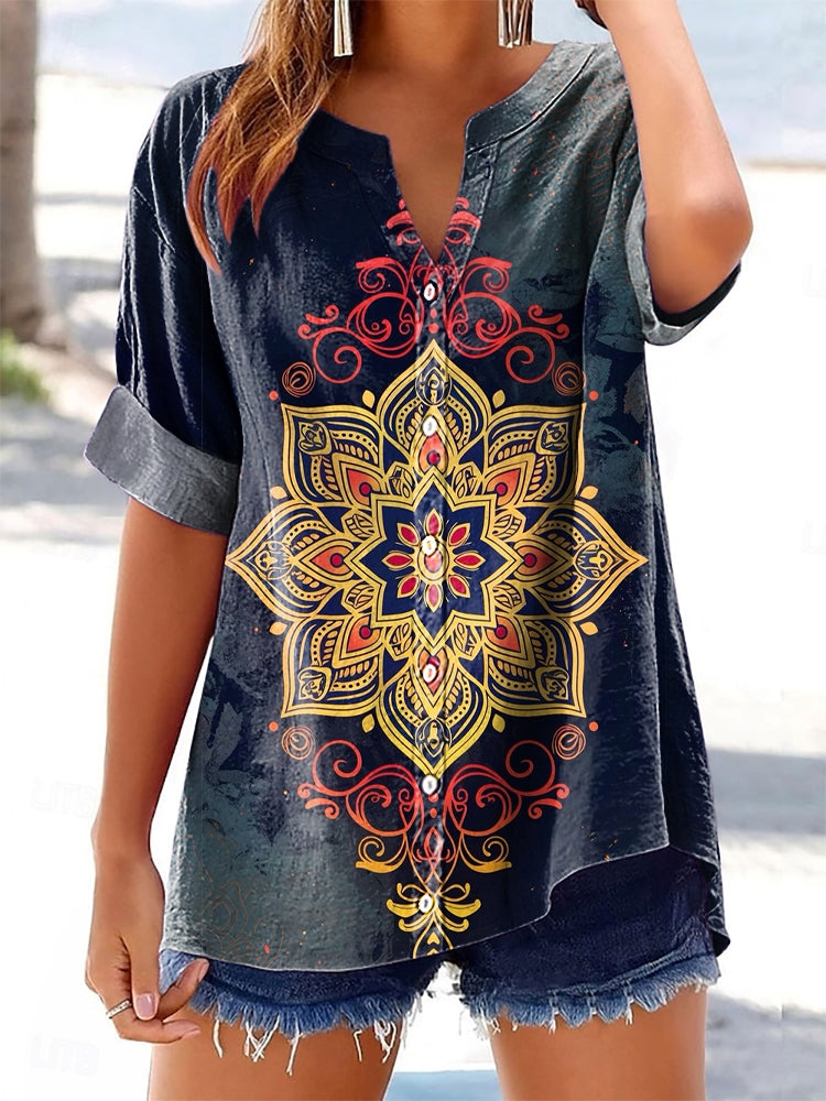 Women's Mandala Pattern Art Print Cotton Linen Casual Shirt