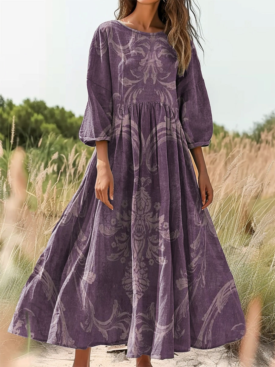 Women's Bohemian Ethnic Floral Art Print Flowy Cotton Crew Neck Dress