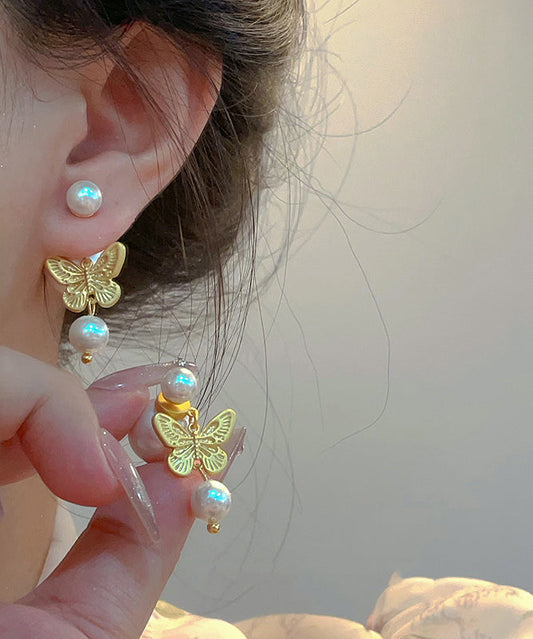 Gold Sterling Silver Overgild Pearl Butterfly Stud Earrings