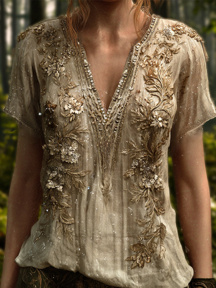Bohemian Style Golden Sequin Flower Glowing Vintage V-neck Short-sleeved Shirt artswardrobe