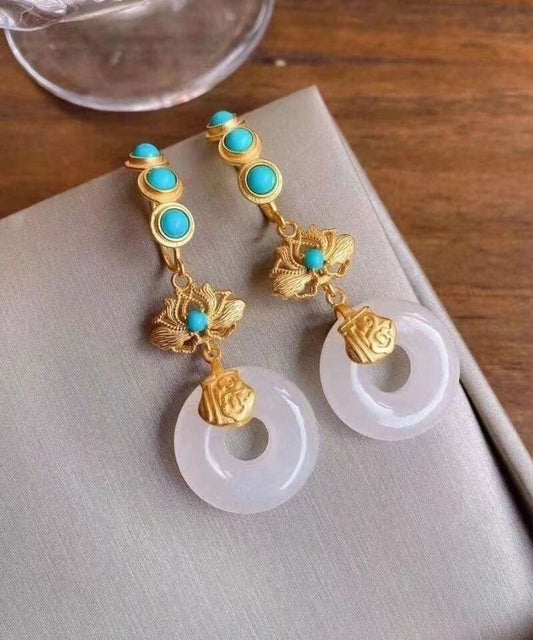 Blue Sterling Silver Overgild Inlaid Pearl Turquoise Drop Earrings