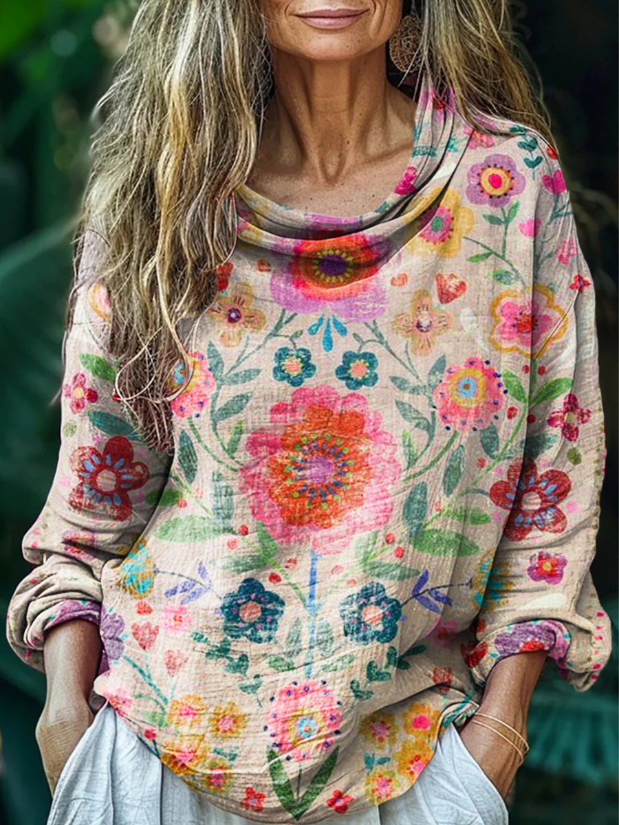 Women's Bohemian Floral Art Print Pile Collar Long Sleeve Cotton Shirt