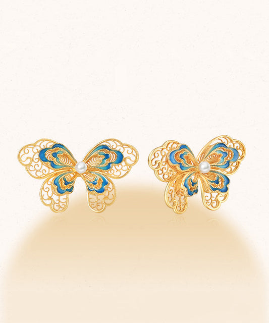 Gold Sterling Silver Overgild Butterfly Pearl Hollow Out Stud Earrings
