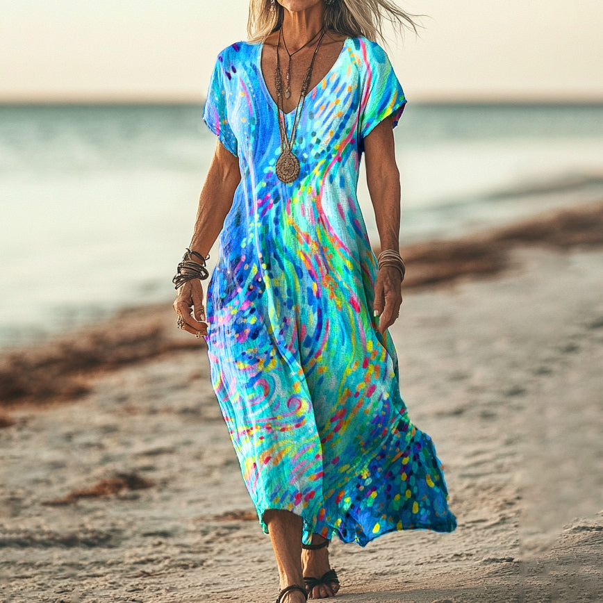 Women's Color Gradient Art Print V Neck Pocket Cotton Dress