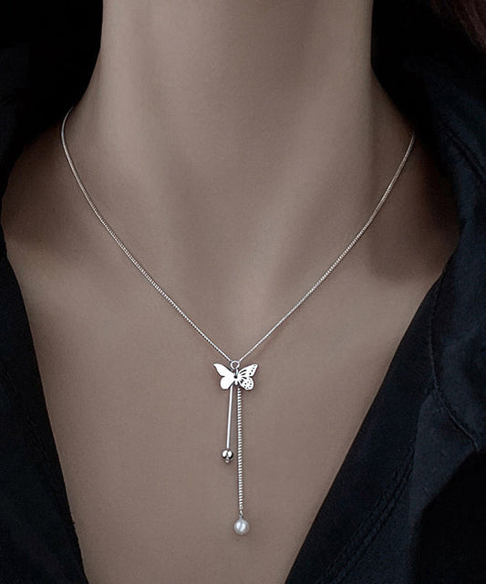 Style Asymmetric Butterfly Tassel Silver Necklace