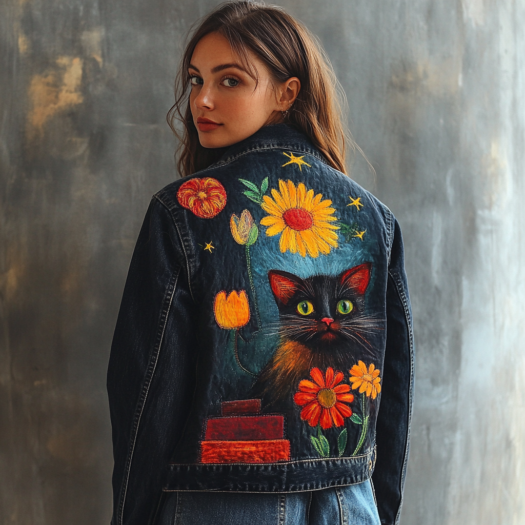 Women's Pop Art Cat Flowers Fun Pattern Denim Jacket elevenforest