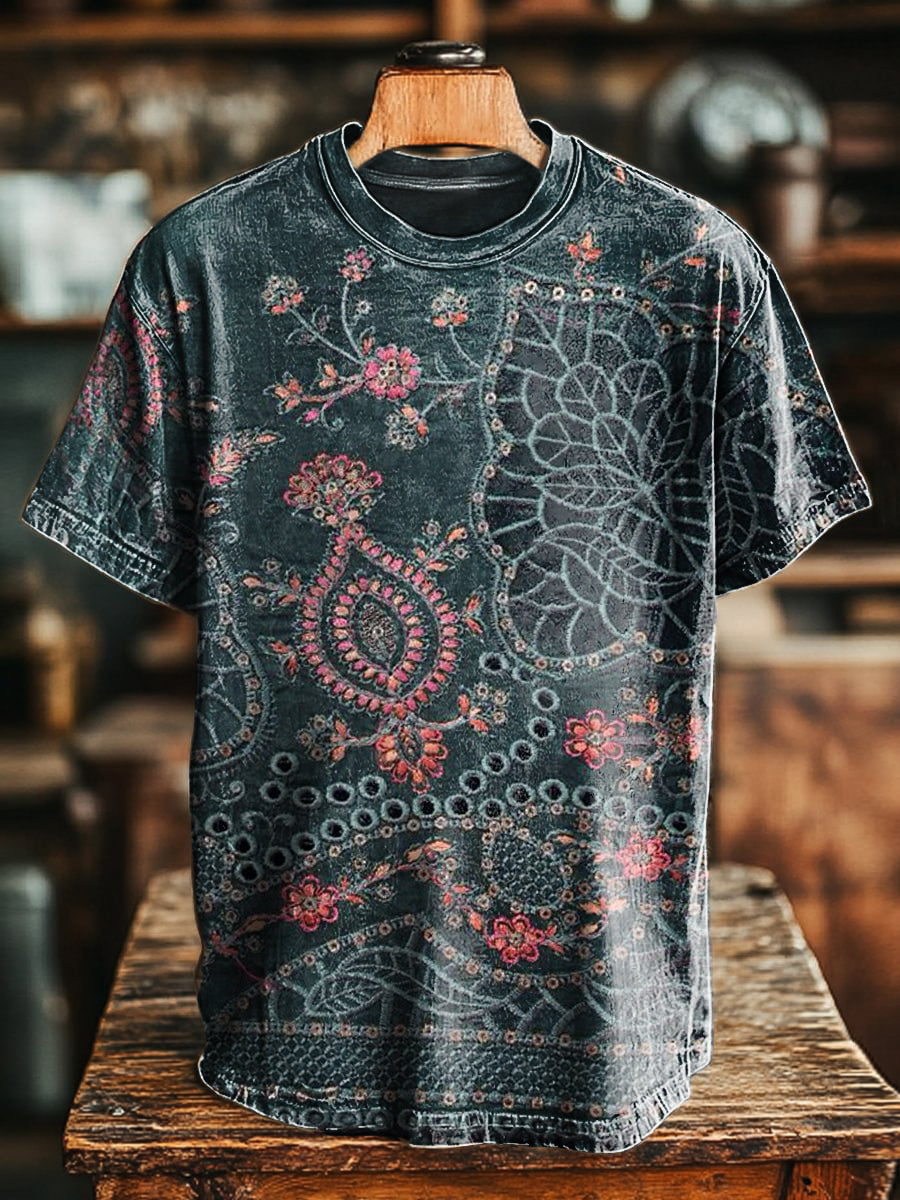 Unisex Bohemian Floral Art Printed Casual Round Neck Short Sleeve T-Sh