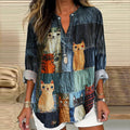 Casual Pop Cat Patchwork Cotton Linen Blouse elevenforest