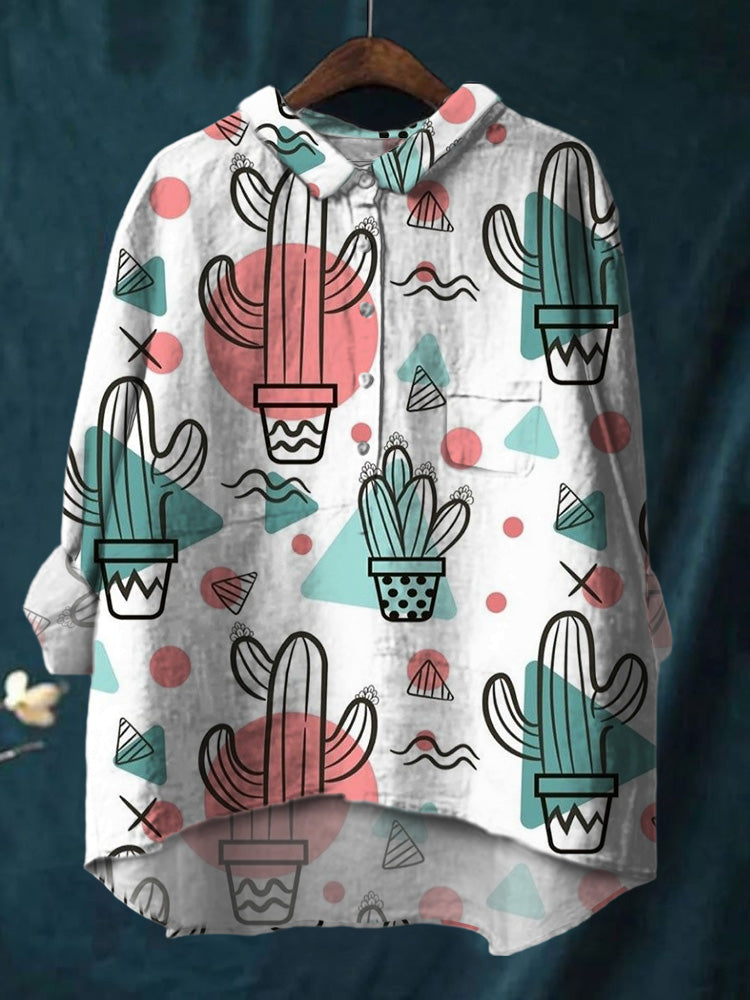 Cartoon Cactus Circle Triangle Printed Cotton And Linen Shirt