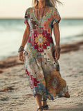 Women's Western Geometric Print Linen Blend Dress artswardrobe