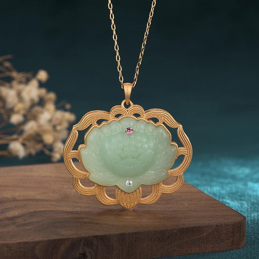 Buddha Stones Natural Jade Lotus Harmony Necklace Pendant