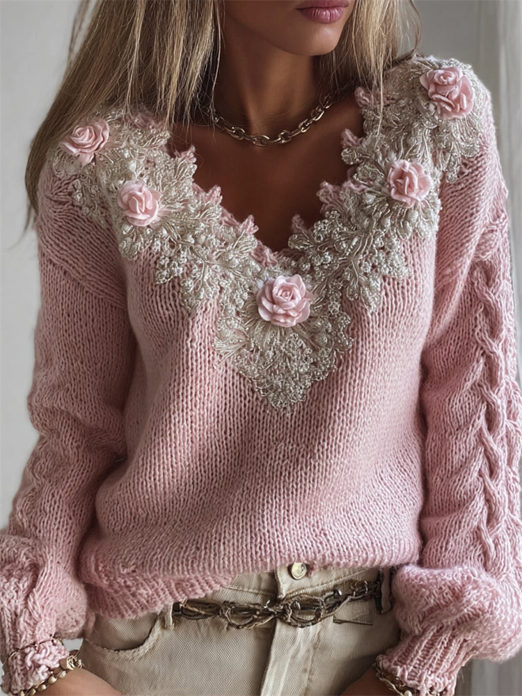 Vintage Pink Roses V Neck Cozy Knit Sweater
