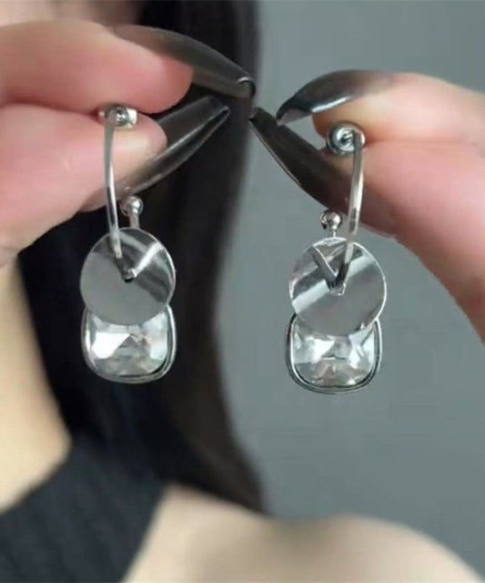Simple Silk Stainless Steel Crystal Disk Drop Earrings